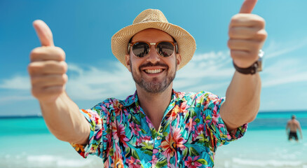 Wall Mural - A happy man wearing sunglasses and straw hat is giving thumbs up on the beach, dressed in colorful shirt with floral pattern