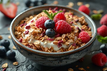 Poster - Delicious Bowl of Granola Topped With Fresh Berries and Mint on a Dark Surface