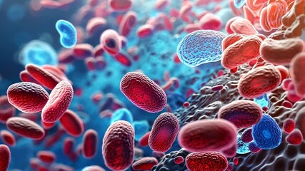 microscopic view of cells and viral particles in a vibrant depiction of cellular biology and pathoge