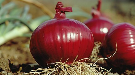 Poster -   Two red onions rest atop dirt near a green-leafed plant