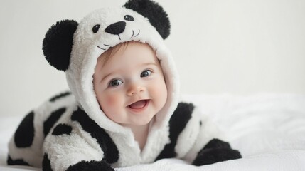 adorable baby wearing a panda-themed onesie smiles joyfully at the camera, showcasing pure innocence