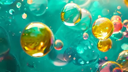 Wall Mural - Bright, colorful bubble display in a shallow pool of water under sunlight, highlighting the reflections and tension on the surface.