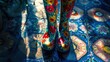 © Komsan - 195. Rain Boots, movie style, colors full, floral pattern, close-up, high contrast, glowing light, shadows,