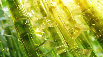 Poster -   A close-up of several bottles amidst a field of green grass, bathed in sunlight