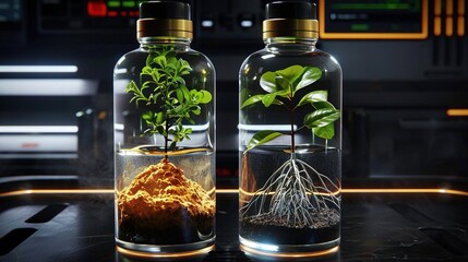 Poster -   Two glass bottles containing plants are displayed in close-up on a table with a computer screen as background