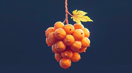 Poster -   A few oranges dangle from a tree limb with an orange leaf atop one of them, on the opposite end