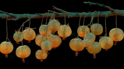 Poster -   Close-up of numerous fruits hanging from a tree branch, alongside others suspended on the same branch