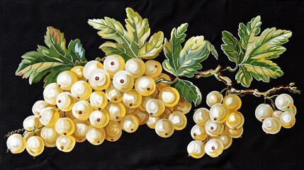 Poster -   A grape painting with green foliage on a dark backdrop featuring a white dot atop the fruit