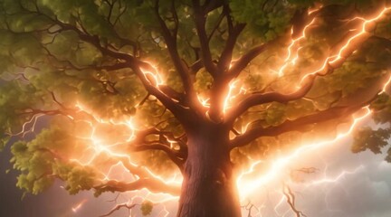 Wall Mural - Cartoon lightning hitting a tree
