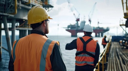 Hard-hatted engineers in vests inspect offshore oil platform construction, overlooking the calm sea.