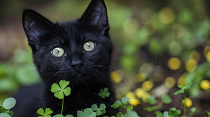 Black cat with four leaf clover Lucky clover good luck or bad luck