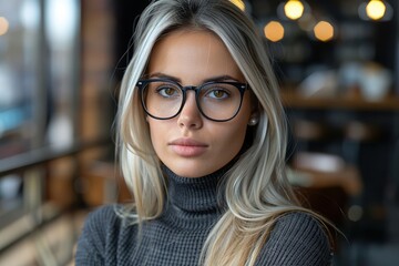 Wall Mural - A thoughtfully captured, high-resolution portrait of a young woman with long blonde hair, wearing stylish glasses and a turtleneck sweater, gazing intently at the camera in a well-lit, modern indoor