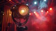 © aicandy - A vivid photograph capturing a professional stage spotlight with a warm orange glow, set against a backdrop of various colored lights and slight haze, creating an immersive concert atmosphere