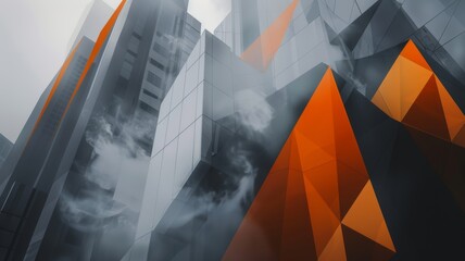 Poster - Abstract background wallpaper, geometric orange and grey colors. Modern Business pattern featuring triangles in shades of amber, electric blue, and magenta on a dark