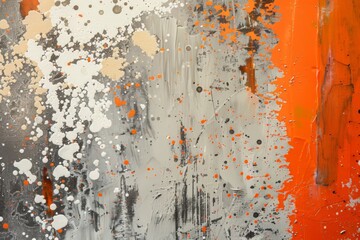 Abstract background wallpaper, orange, red and grey textured background with splashes of paint. Flaking canvas