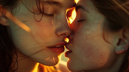 Wall Mural - Two women kiss, lesbian kiss, Erotic print, LGBTQ. Intimate Close-Up of Two Women Embracing Each Other