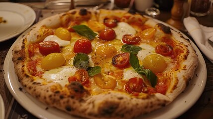 Traditional Neapolitan pizza with yellow tomatoes red tomatoes buffalo stracciata and fresh basil served in an elegant pizzeria