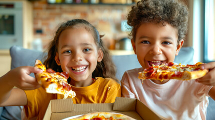 Two children are holding a box of meat pizza and smiling. They eat delicious fragrant hot pizza together in the living room. The scene is fun and playful