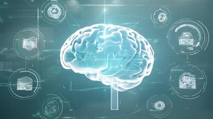 Poster - A holographic representation of the human brain is showcased in a contemporary laboratory filled with advanced technology.