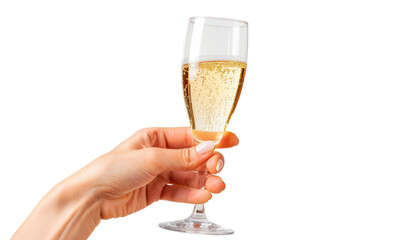 Hand holds glass goblet with champagne isolated on transparent