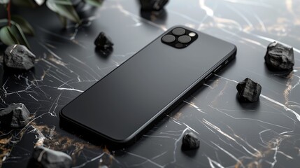 Poster - Elegant Black Smartphone Positioned on Dark Marble Surface Surrounded by Decorative Stones in a Contemporary Setting