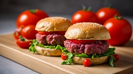 Wall Mural -  Deliciously stacked beef burgers with fresh tomatoes and lettuce ready to be savored