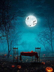 Wall Mural - Mystical Forest Scene with Full Moon and Fog