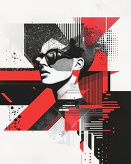 Poster - Modern Abstract Portrait with Red and Black Geometric Design