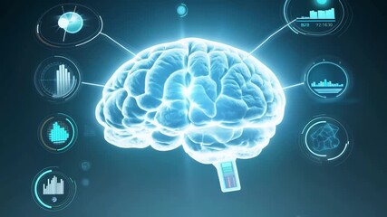 Poster - A human brain hologram is displayed in a modern laboratory, showcasing advanced technology and research possibilities.