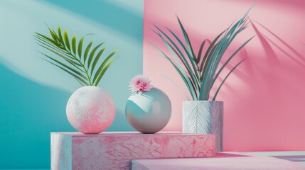 Wall Mural - Minimalist pink and blue still life with plants