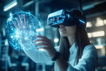 Wall Mural - Woman with VR headset using AI artificial intelligence technology & machine learning in business office. Interactive technology in seminar course Innovation & smart tech AI blue hologram in education	