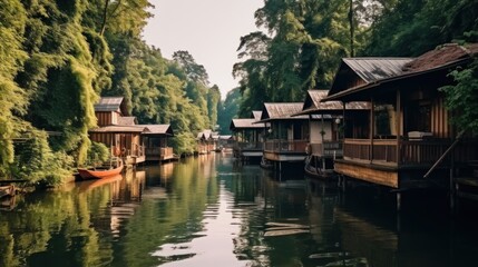 Water Village Houses Reflecting on Calm River