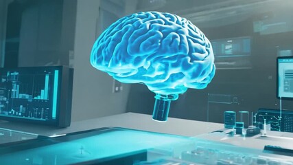 Poster - A hologram of a human brain is displayed in a modern laboratory, showcasing advanced technology and research capabilities in neuroscience.