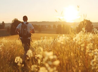 Poster - Man Hiking Through Field At Sunset