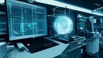 Poster - A hologram displaying a human brain is projected in a modern laboratory, showcasing innovative scientific research and technological advancements.