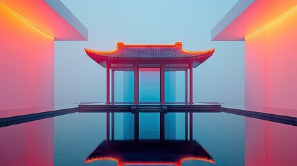 Wall Mural - A asian pavilion and water, neon bright colors lighting in a fashion photography style background, ai generated