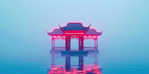 Sticker - A asian pavilion and water, neon bright colors lighting in a fashion photography style background, ai generated