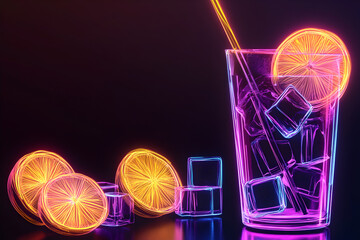 Neon outline of lemonade glass isolated on black background.