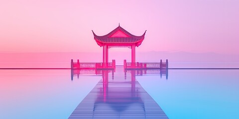 Canvas Print - A asian pavilion and water, neon bright colors lighting in a fashion photography style background, ai generated