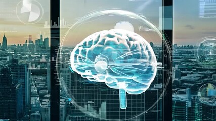 Poster - A holographic representation of a human brain floats in a contemporary laboratory, framed by a stunning sunset over the city skyline.
