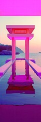 Poster - A asian pavilion and water, neon bright colors lighting in a fashion photography style background, ai generated