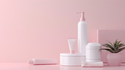 Wall Mural - Minimalistic Pink Skincare Products Display