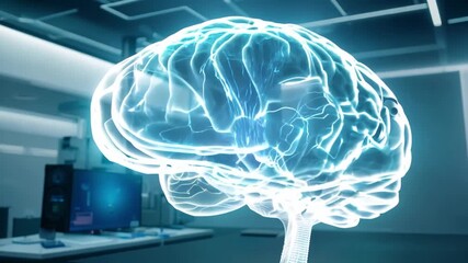 Poster - a holographic human brain is displayed prominently in a modern laboratory, showcasing advanced scien