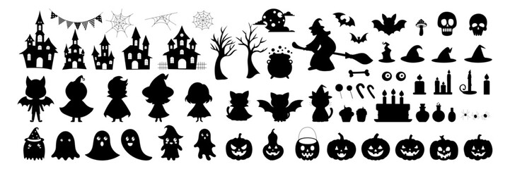 Wall Mural - Halloween themed black and white images of witches, ghosts, pumpkins, and other spooky creatures