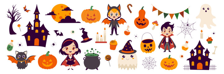 Wall Mural - A Halloween themed image featuring a variety of characters and objects such as witches, ghosts, pumpkins, and a castle