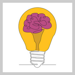 Wall Mural - Continuous single line sketch drawing of light bulb lamp and brain. Vector illustration one line of think creative idea smart brainstorm innovation solution