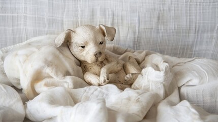 Old plaster dog doll on white fabric background Unique banner for pet business Space for text