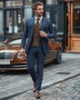 © OlScher - Stylish Man Walking on Cobblestone Street in Urban Setting During Daytime