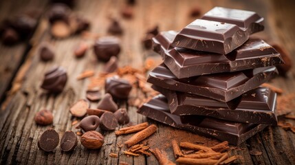 Wall Mural - Stack of dark chocolate pieces with spices on a rustic wooden table