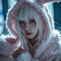 A girl in a Rabbit Bunny nature animal style cosplay background, ai generated